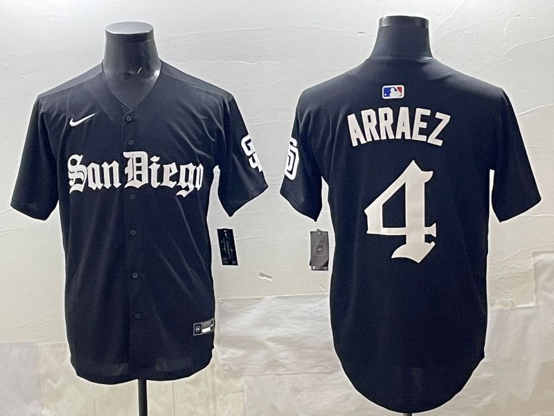 Men 2025 San Diego Padres #4 Arraez Black Five generations Joint Name Nike MLB Jersey style 1
